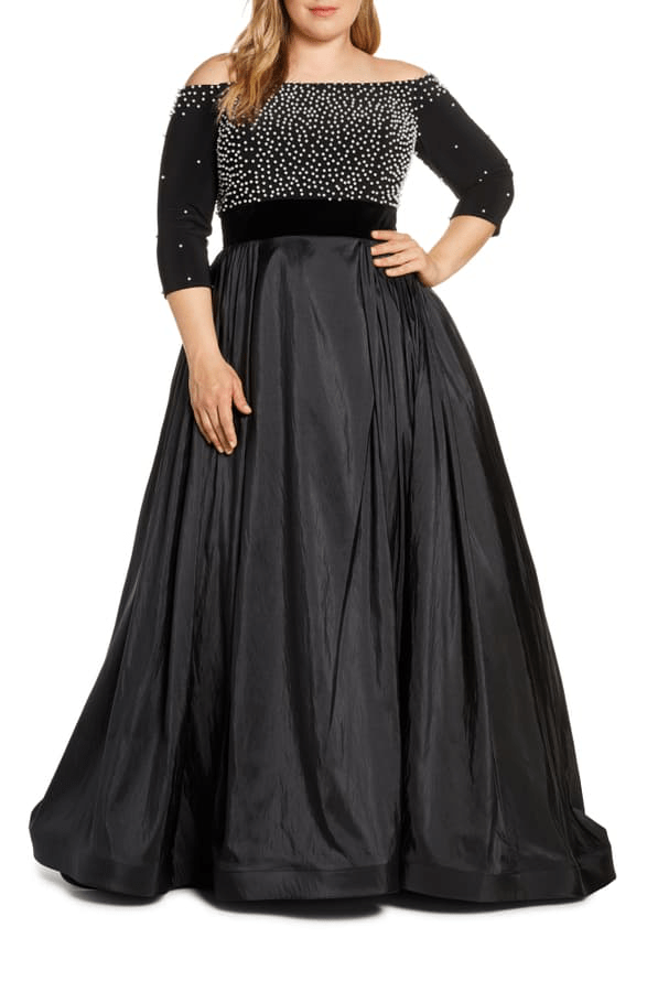 Mac Duggal Plus Size OffTheShoulder 3/4Sleeve Gown W/ Jersey Bodice