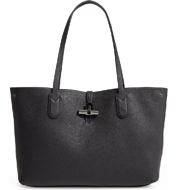 Longchamp Roseau Essential Medium Leather Shoulder Tote Bag In Black