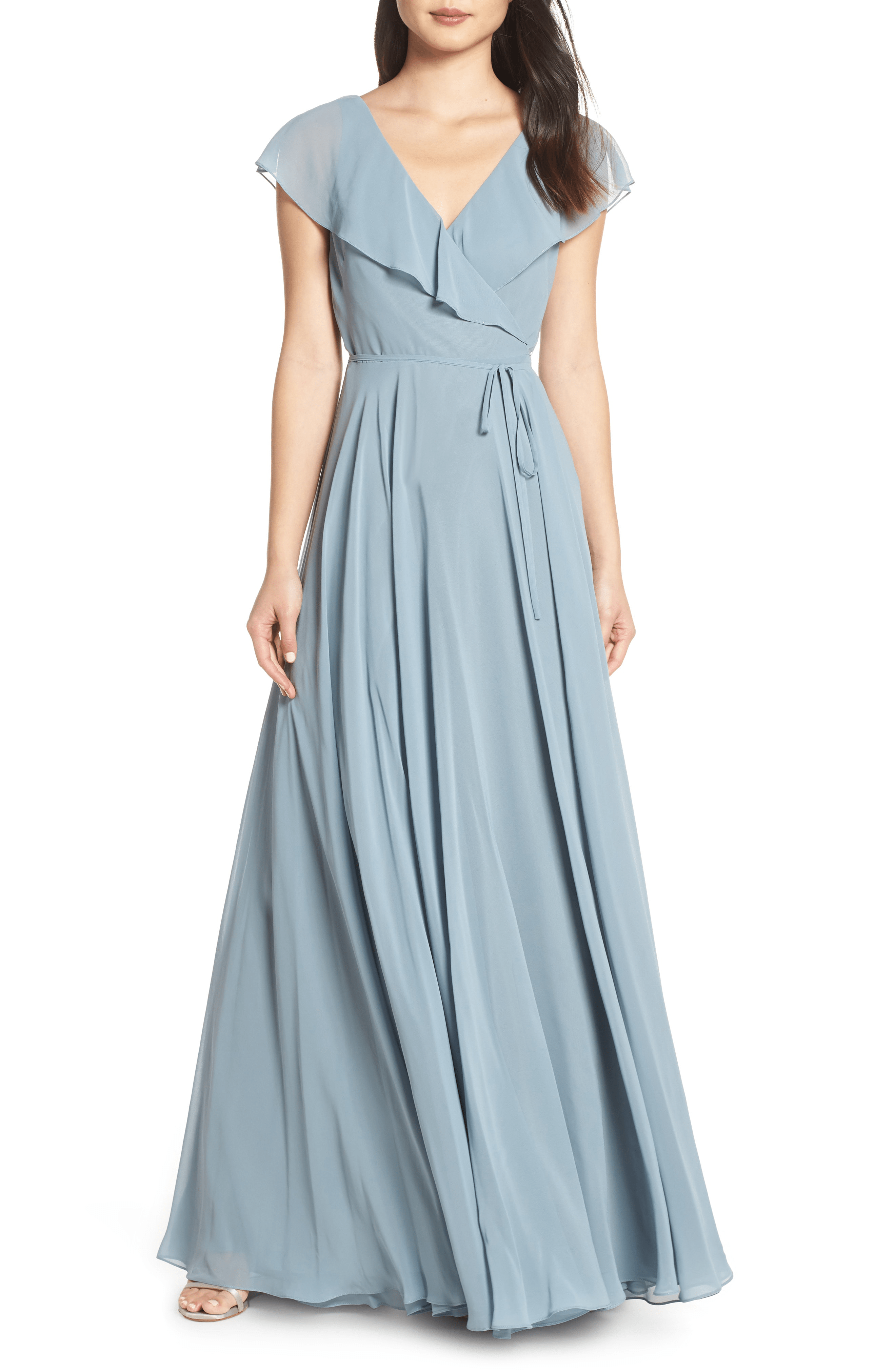 Jenny Yoo Faye Ruffle Wrap Chiffon Evening Dress In Mayan Blue ModeSens