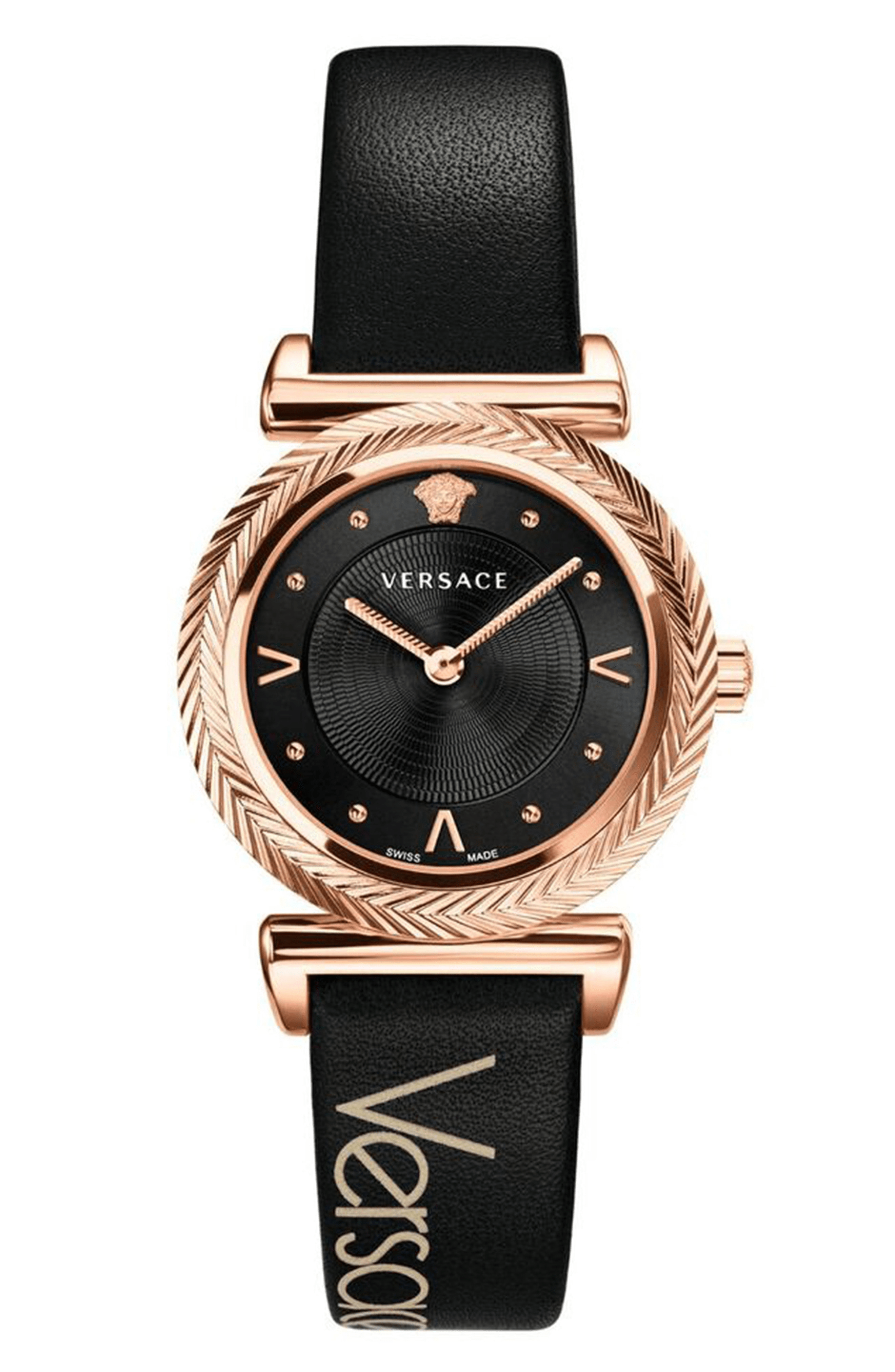 Versace V Motif Leather Strap Watch, 35mm In Black/ Rose Gold ModeSens
