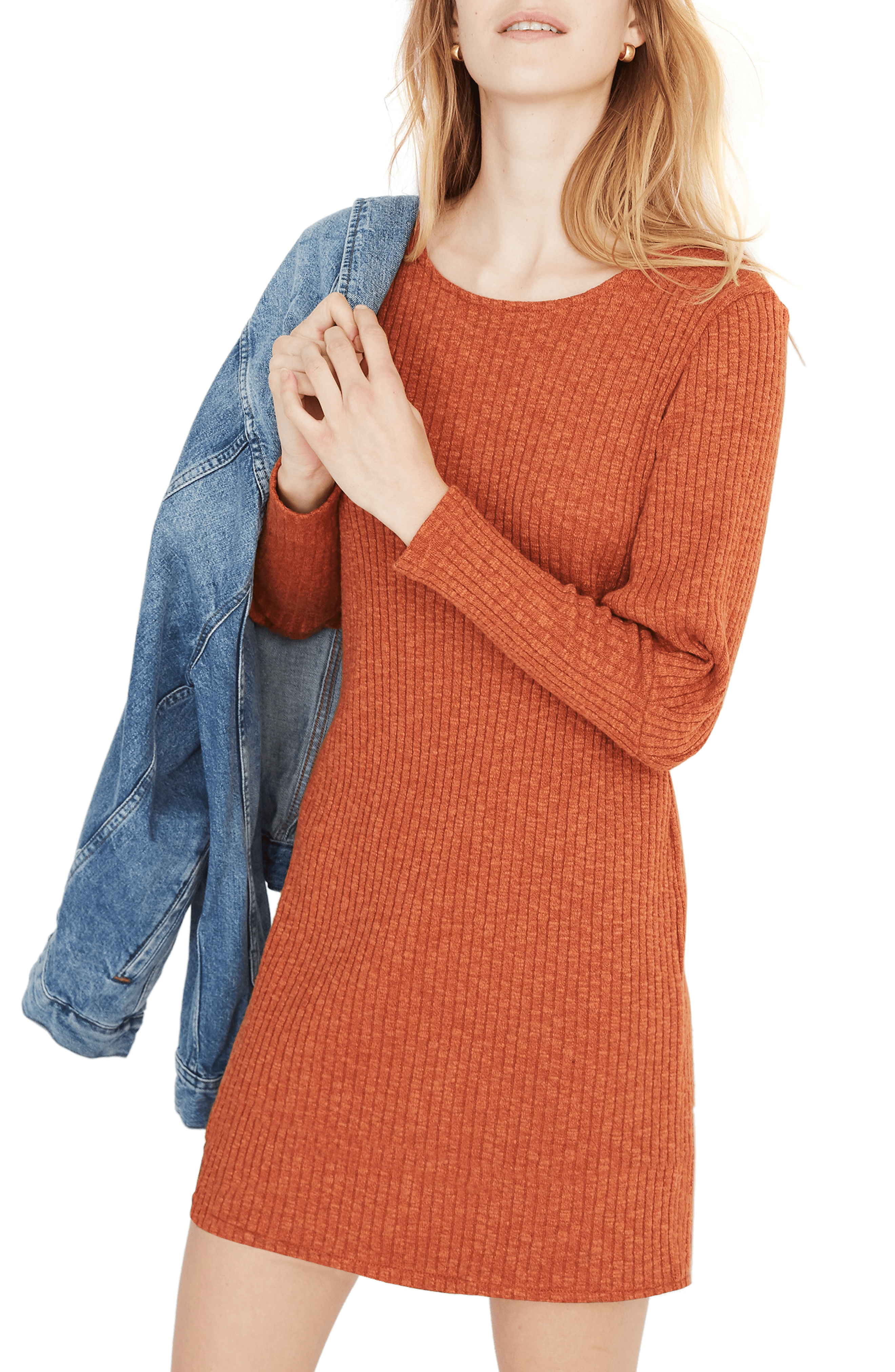 Madewell Ribbed Bubble Sleeve Dress In Burnt Clay ModeSens