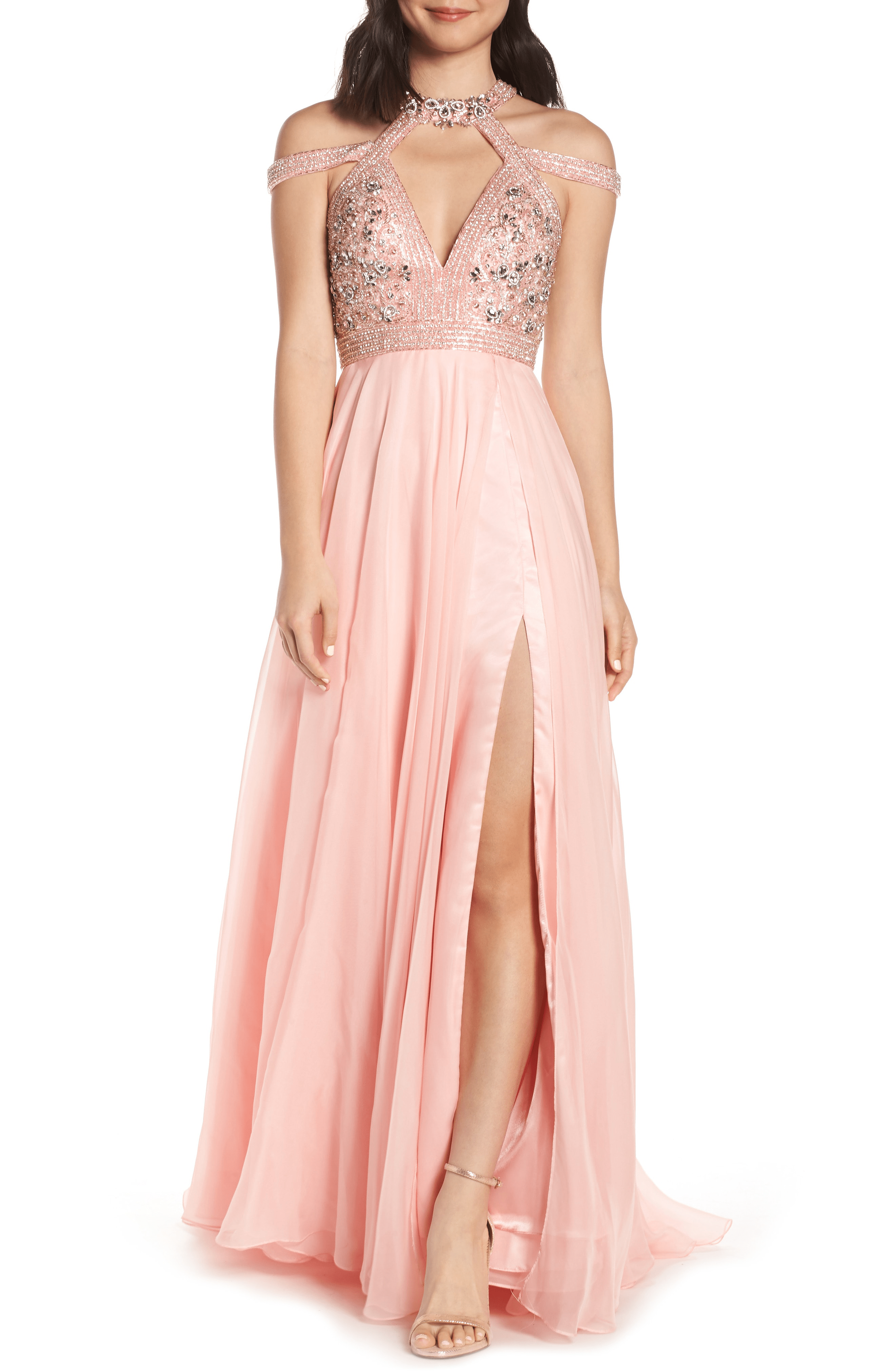 Mac Duggal Strappy Beaded Bodice Chiffon Evening Dress In Blush ModeSens