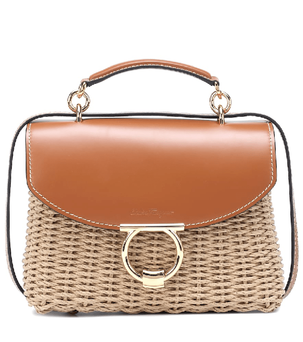 Salvatore Ferragamo Margot Leathertrimmed Wicker Shoulder Bag In Brown