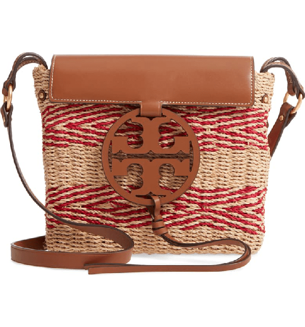 Tory Burch Miller Stripe Straw Crossbody Bag Red In Natural