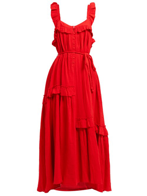 Apiece Apart Lypie Ruffled Cotton Maxi Dress In Red ModeSens