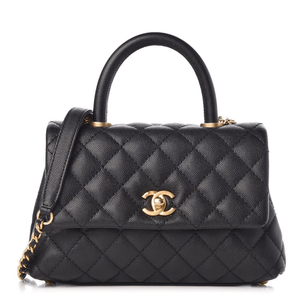 Preowned Chanel Coco Handle Flap Quilted Caviar Goldtone Mini Black