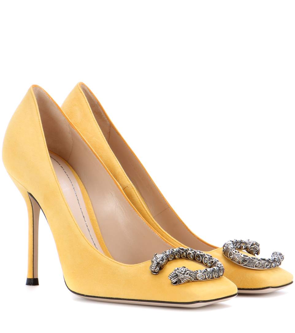 Gucci Embellished Suede Pumps In Yellow ModeSens