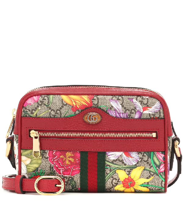 Gucci Mini Ophidia Floral Gg Supreme Canvas Crossbody Bag In Red/gg