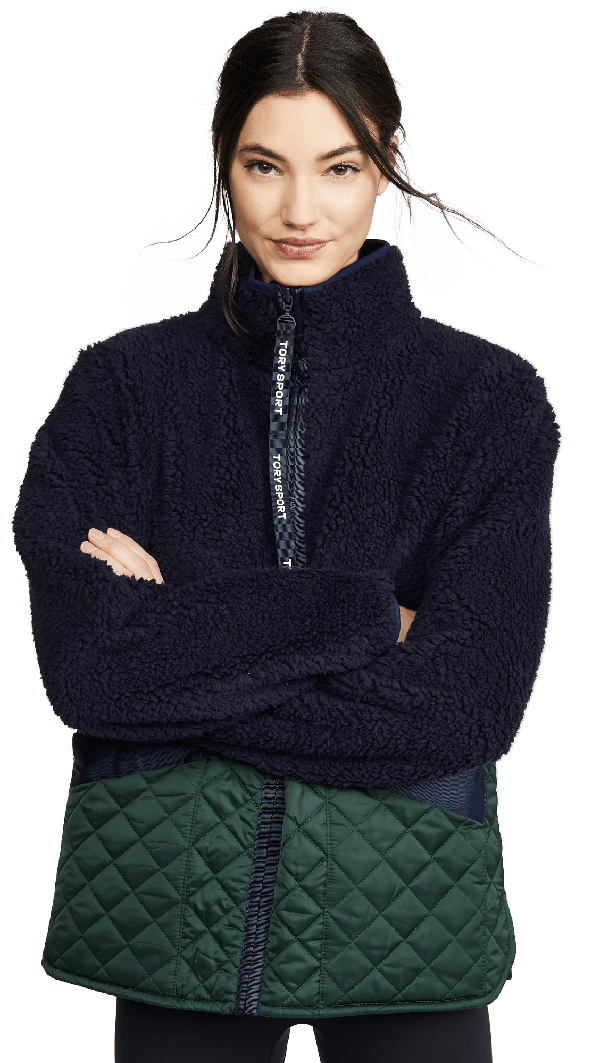 Tory Sport Contrast Sherpa Fleece Zip Jacket In Tory Navy / Conifer