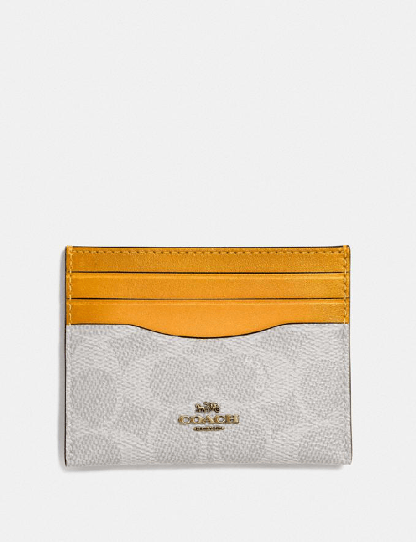 Coach Card Case In Colorblock Signature Canvas Women's In Brass/chalk