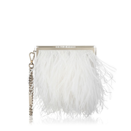 Jimmy Choo Box White Ostrich Feathers And Silver Metal Box Clutch Bag