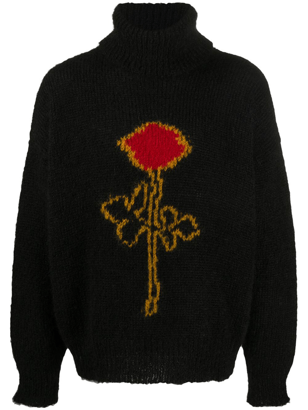 Palm Angels Single Rose Turtleneck Jumper In Black Red