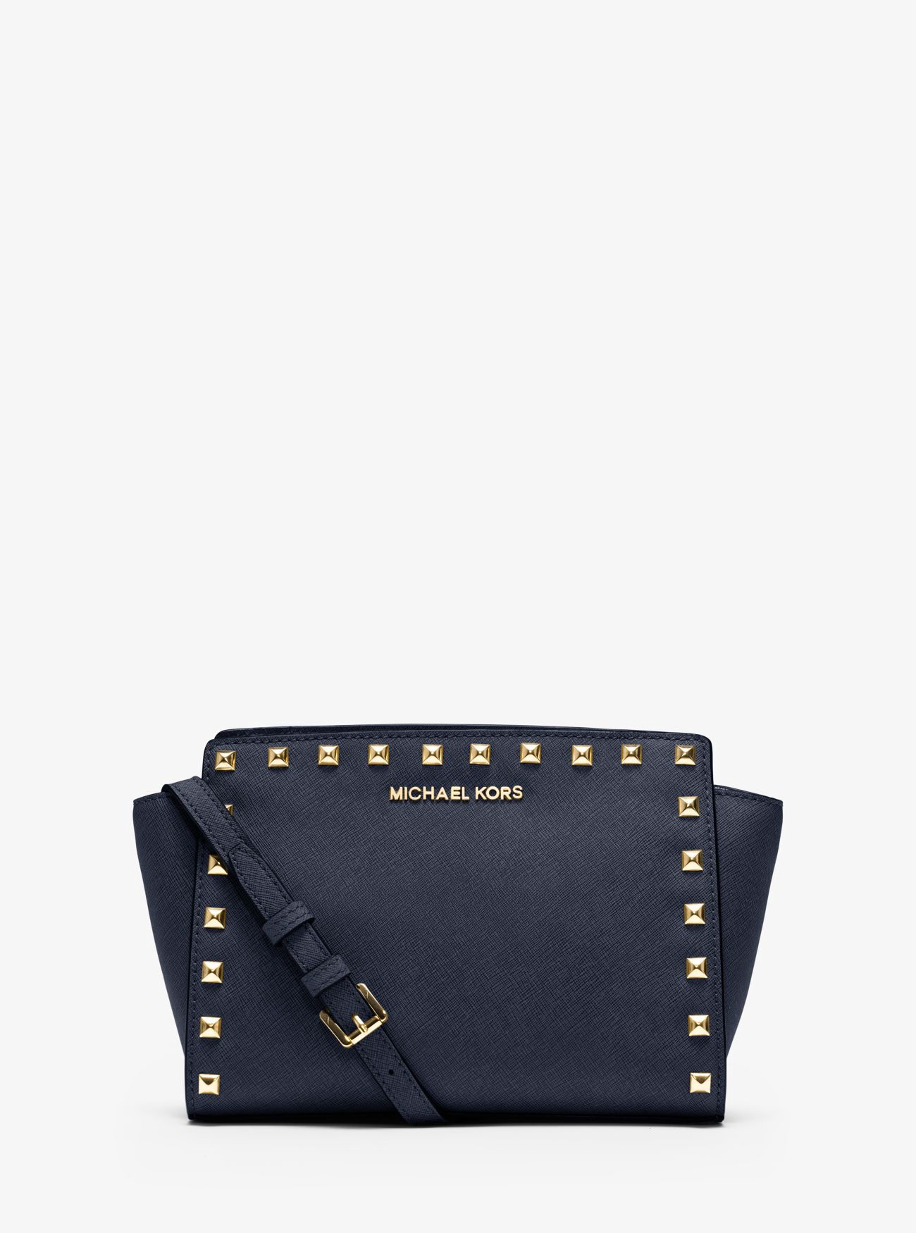 Michael Kors Selma Medium Studded Leather Messenger In Navy ModeSens