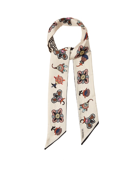 Valentino Floralprint Skinny Silk Scarf In White ModeSens