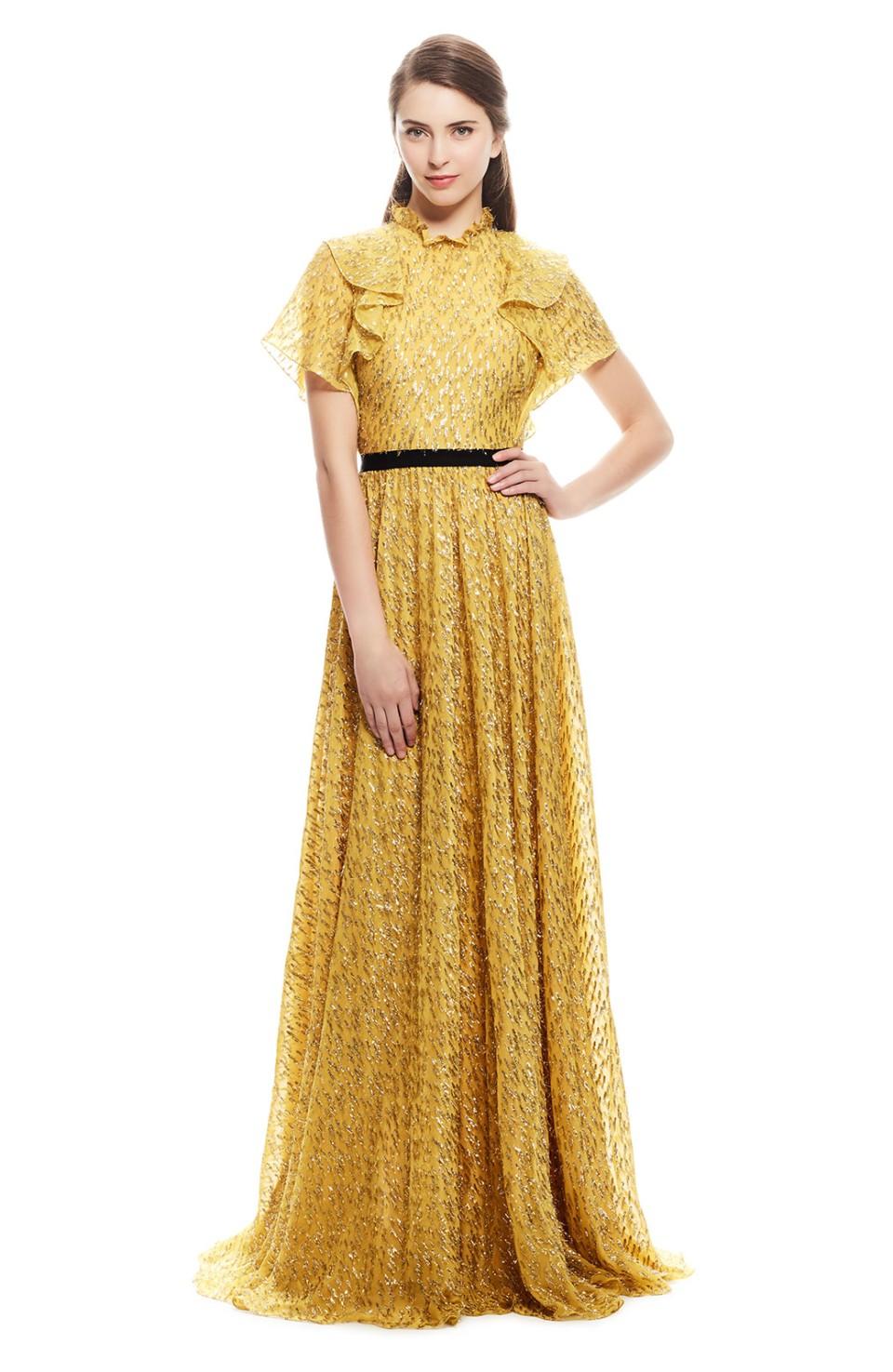 Lela Rose Tinsel Dot Chiffon Ruffle Halter Neck Gown Citrine ModeSens
