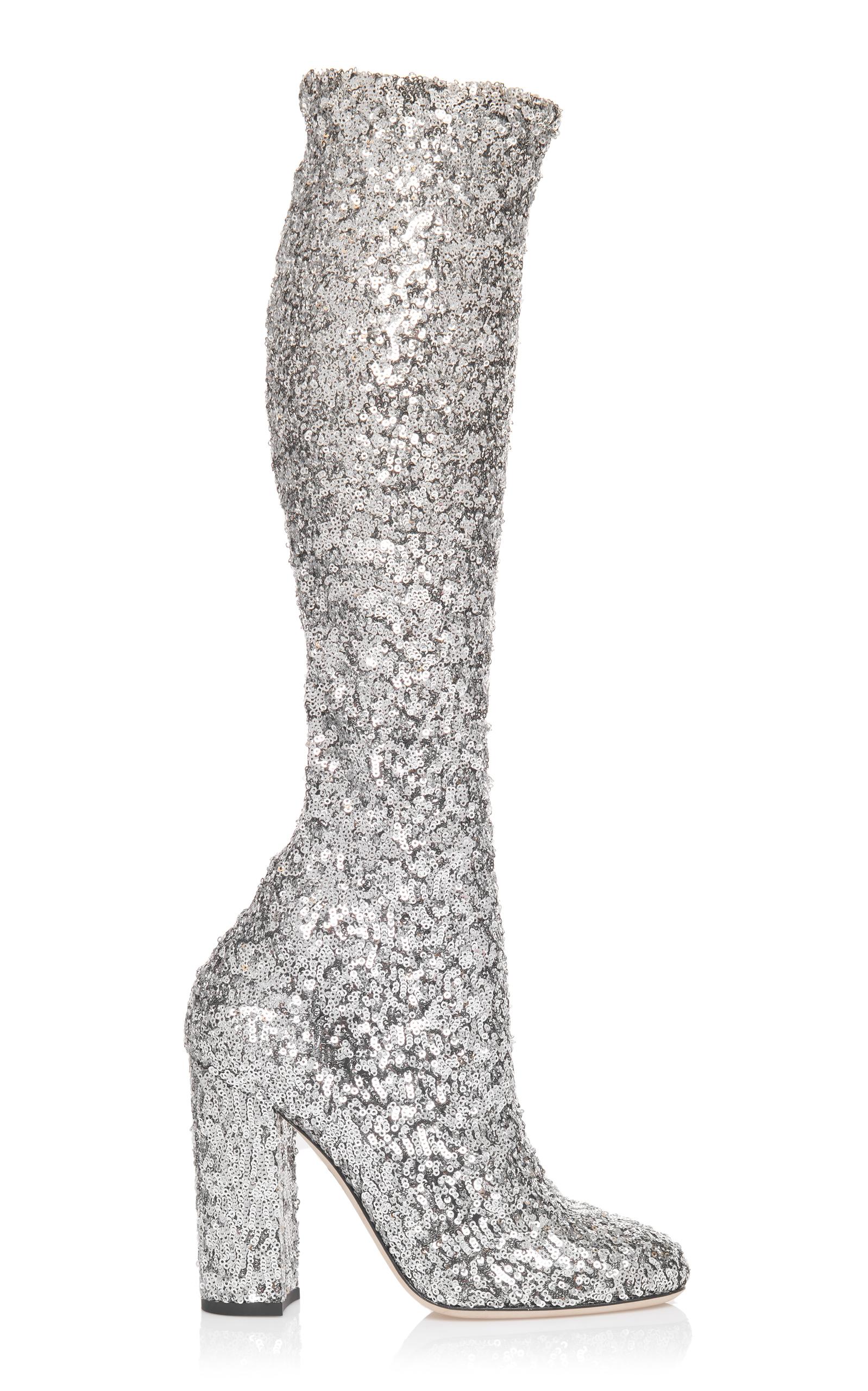 Dolce & Gabbana 90mm Stretch Sequins Over The Knee Boots In Silver