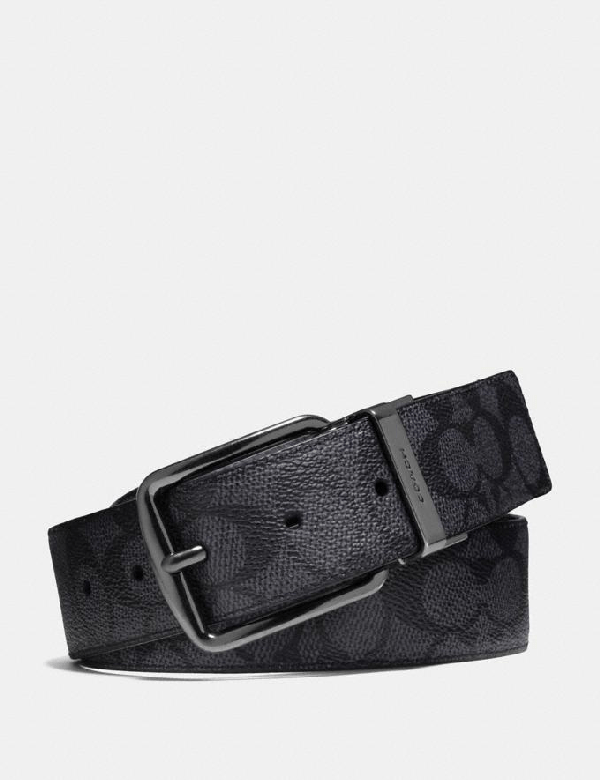 Coach Signature Logo Leather Belt In Charcoal/black ModeSens
