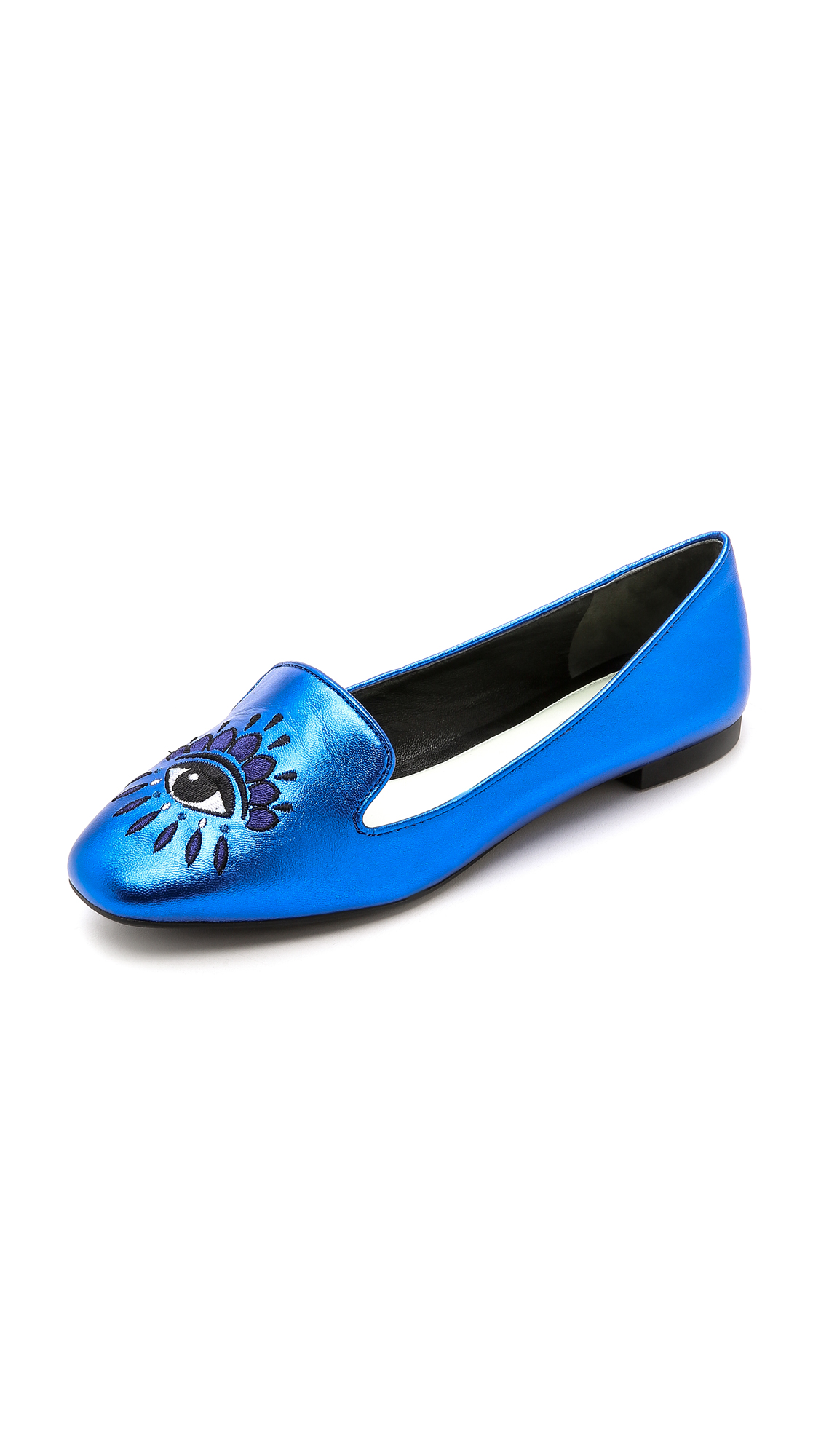 Kenzo Blue Metallic Leather Embroidered Eye Slippers In Bleu Marine