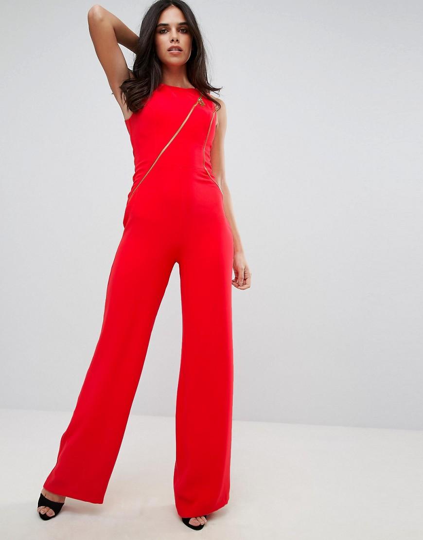 Forever Unique Tailored Flared Jumpsuit With Mesh Detail Red ModeSens