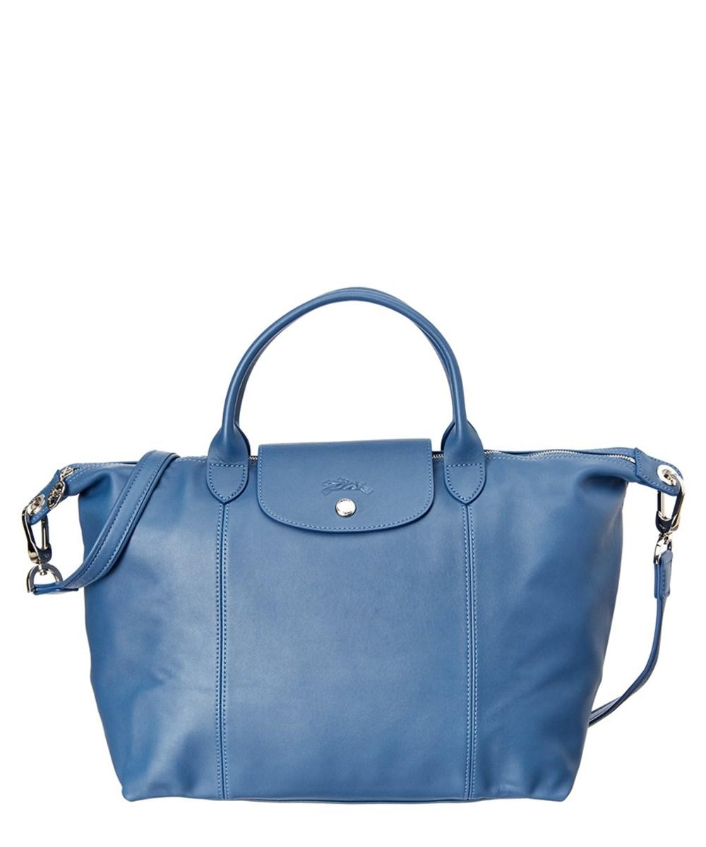 Longchamp Small 'le Pliage Cuir' Leather Top Handle Tote Blue In