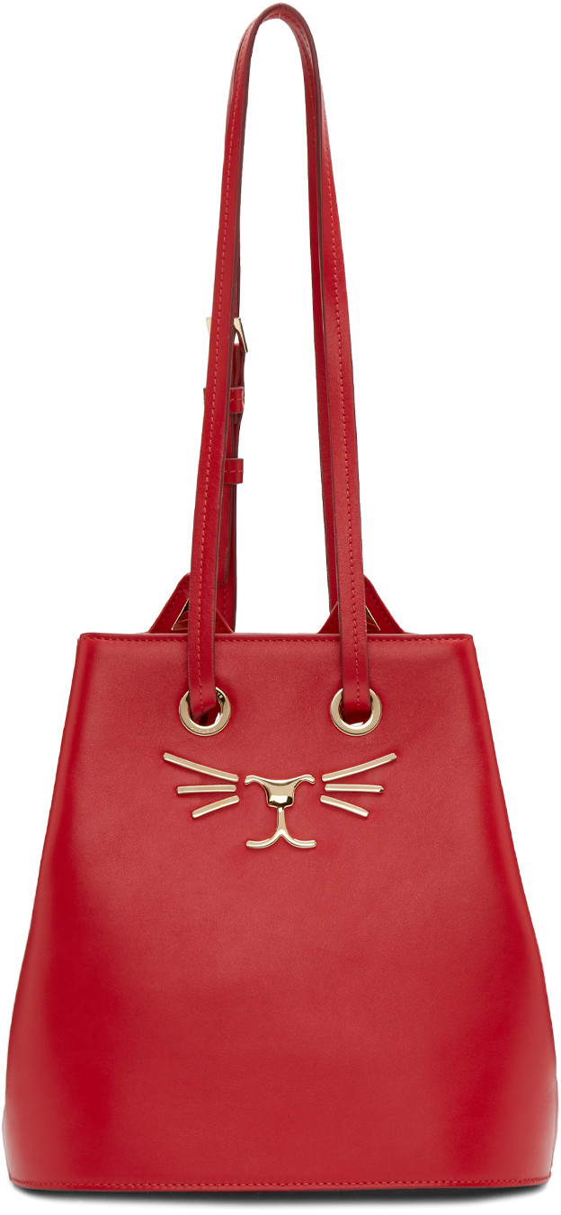 Charlotte Olympia 'feline' Catface Calfskin Leather Bucket Bag In Red