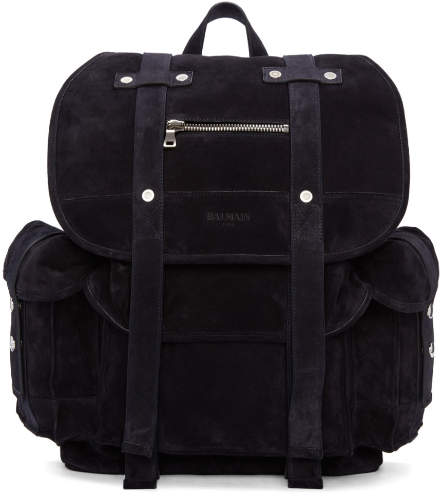 Balmain Navy Suede Backpack ModeSens