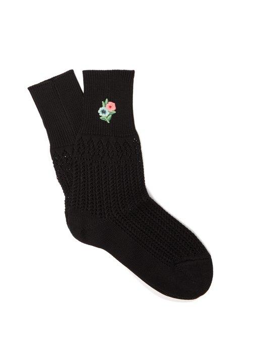 Gucci Floral Embroidered Pointelle Knit Ankle Socks Womens Black