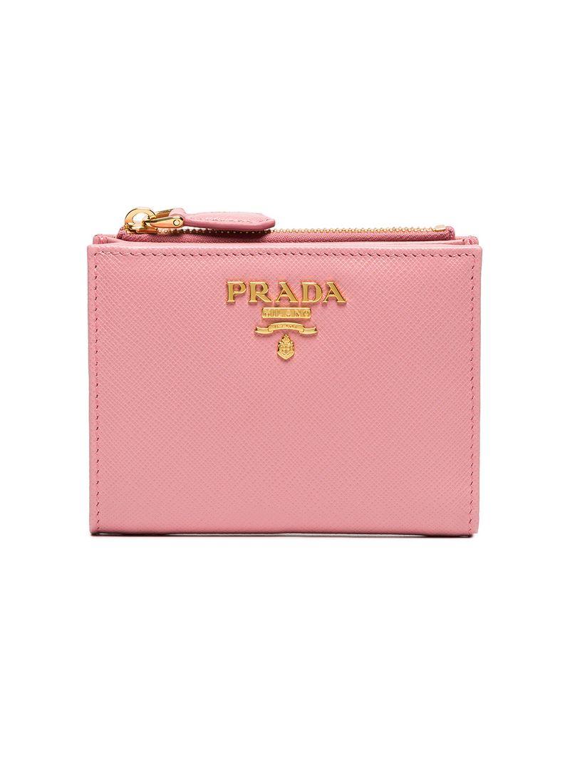 Prada Pink Small Logo Leather Zip Wallet Pink & Purple ModeSens