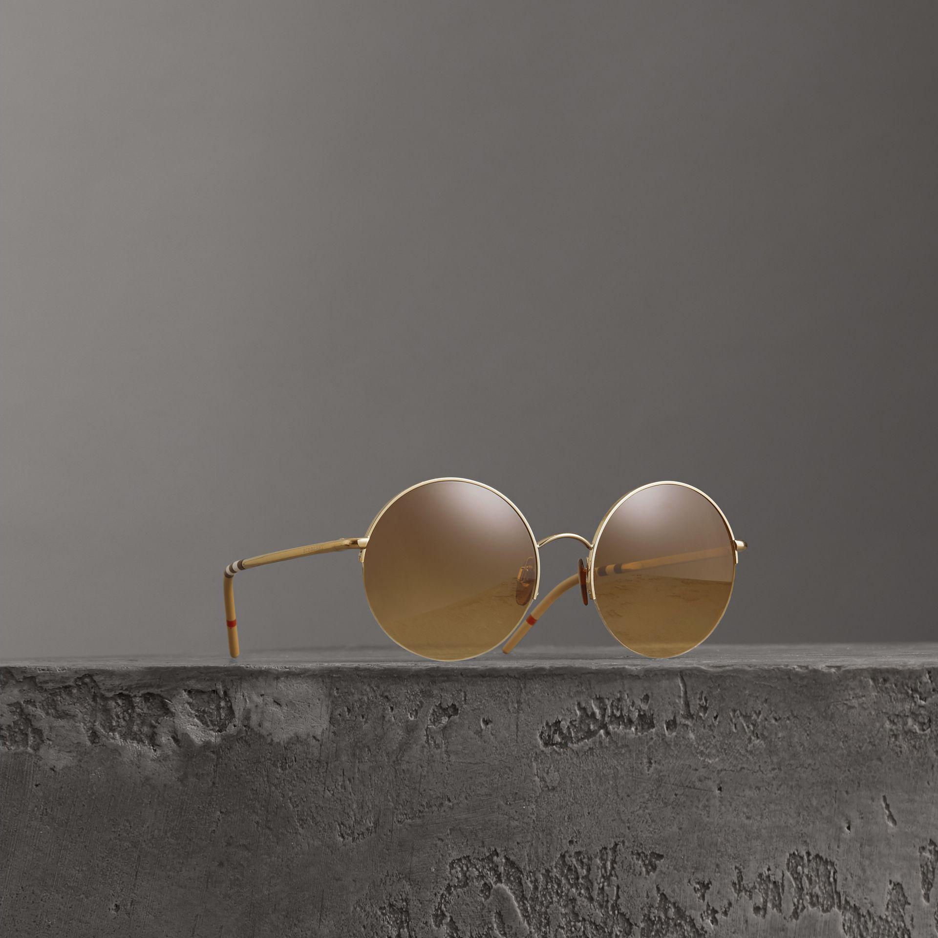 Burberry Check Detail Round Frame Sunglasses In Gold ModeSens