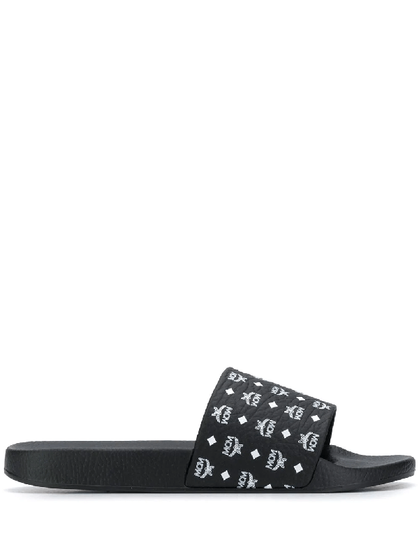 Mcm Men's Monogram Logo Print Slide Sandals In Black ModeSens