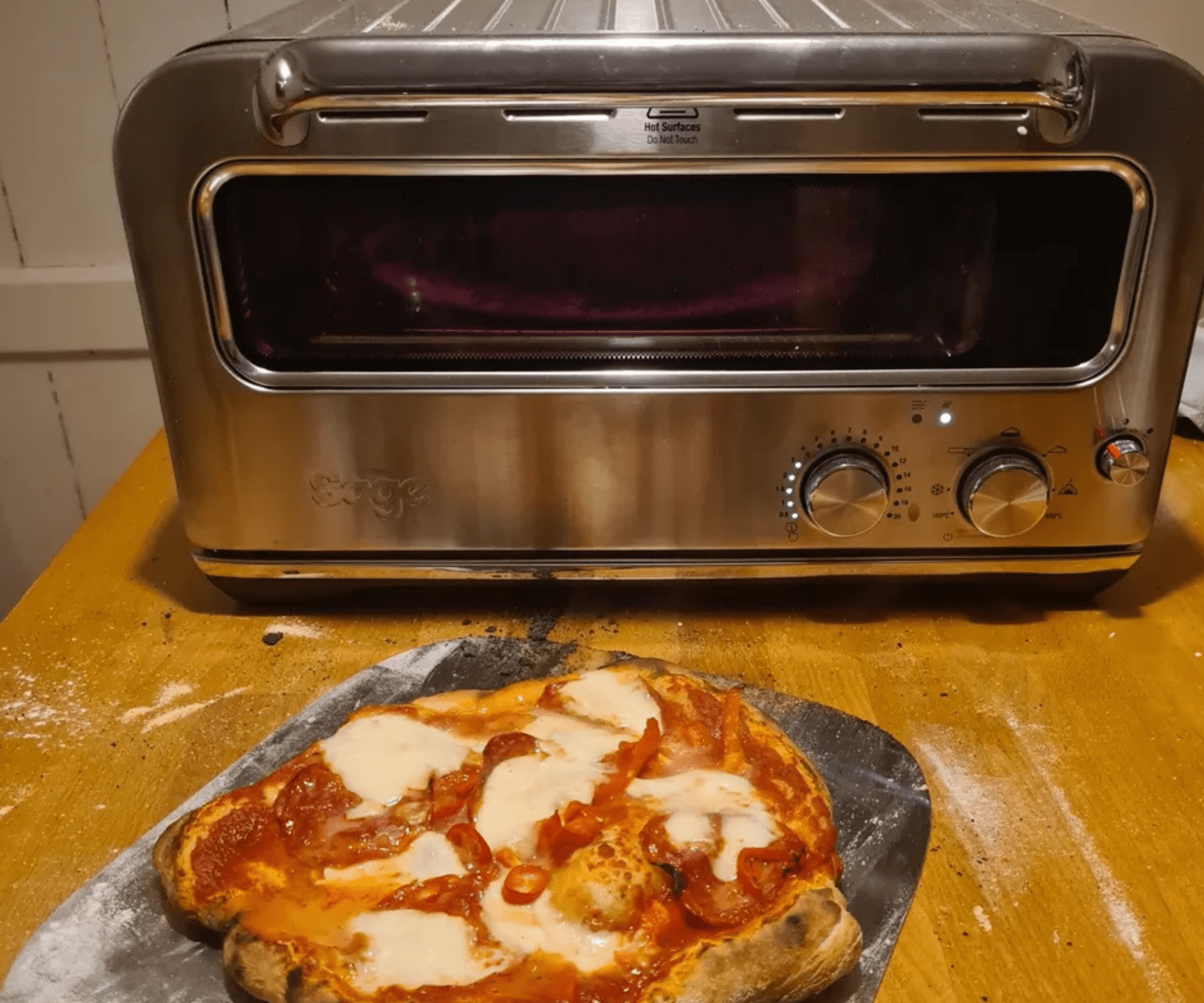 A cooked pizza fresh out of the Breville Smart Oven Pizzaiolo
