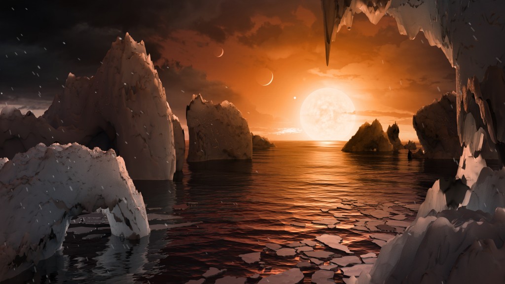 This artist&rsquo;s impression shows the surface of one of the planets in the TRAPPIST-1 system.