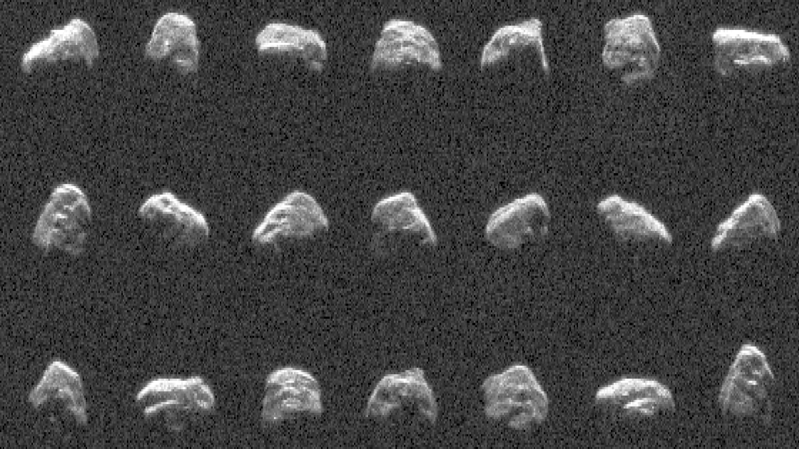 Blurry images of an asteroid stacked next to each other