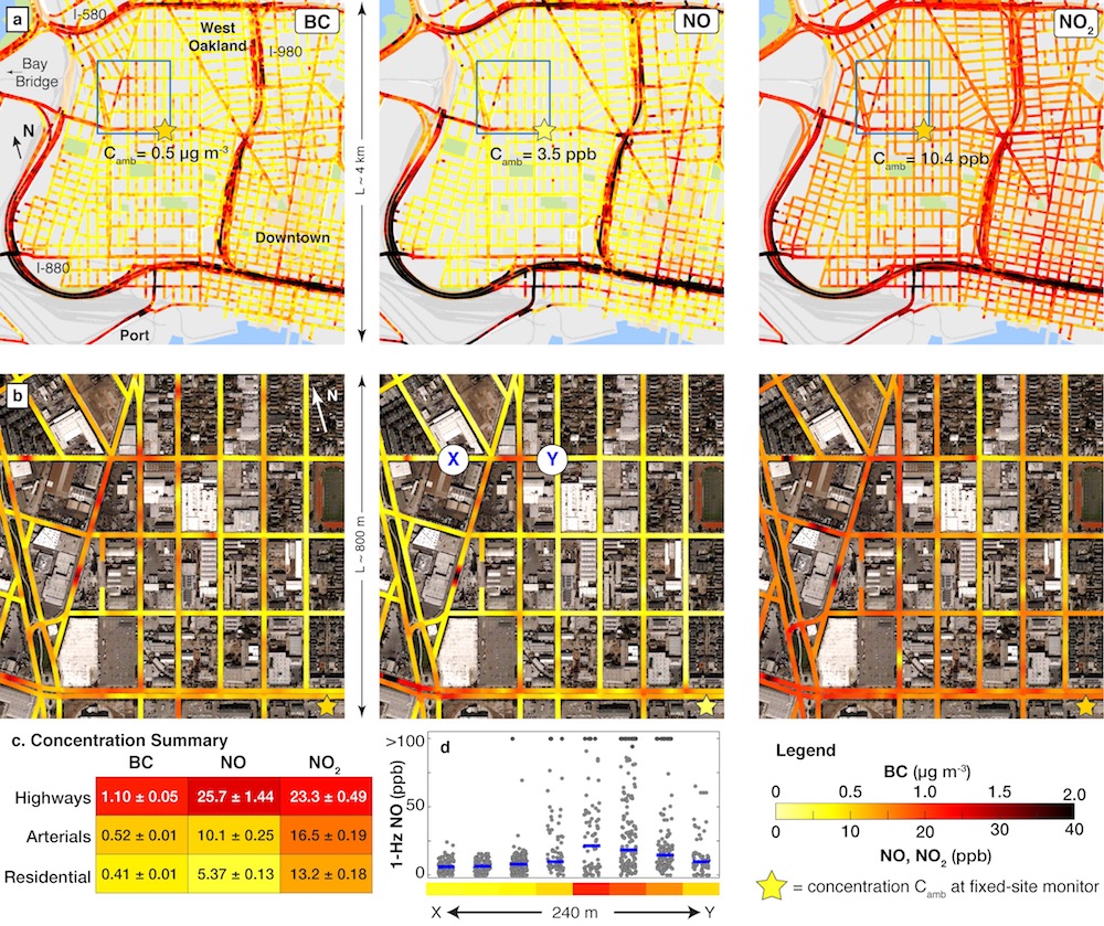 The new air pollution map was created for the city of Oakland, California. It offers the highest-resolution view to date of air quality on a block-by-block basis.