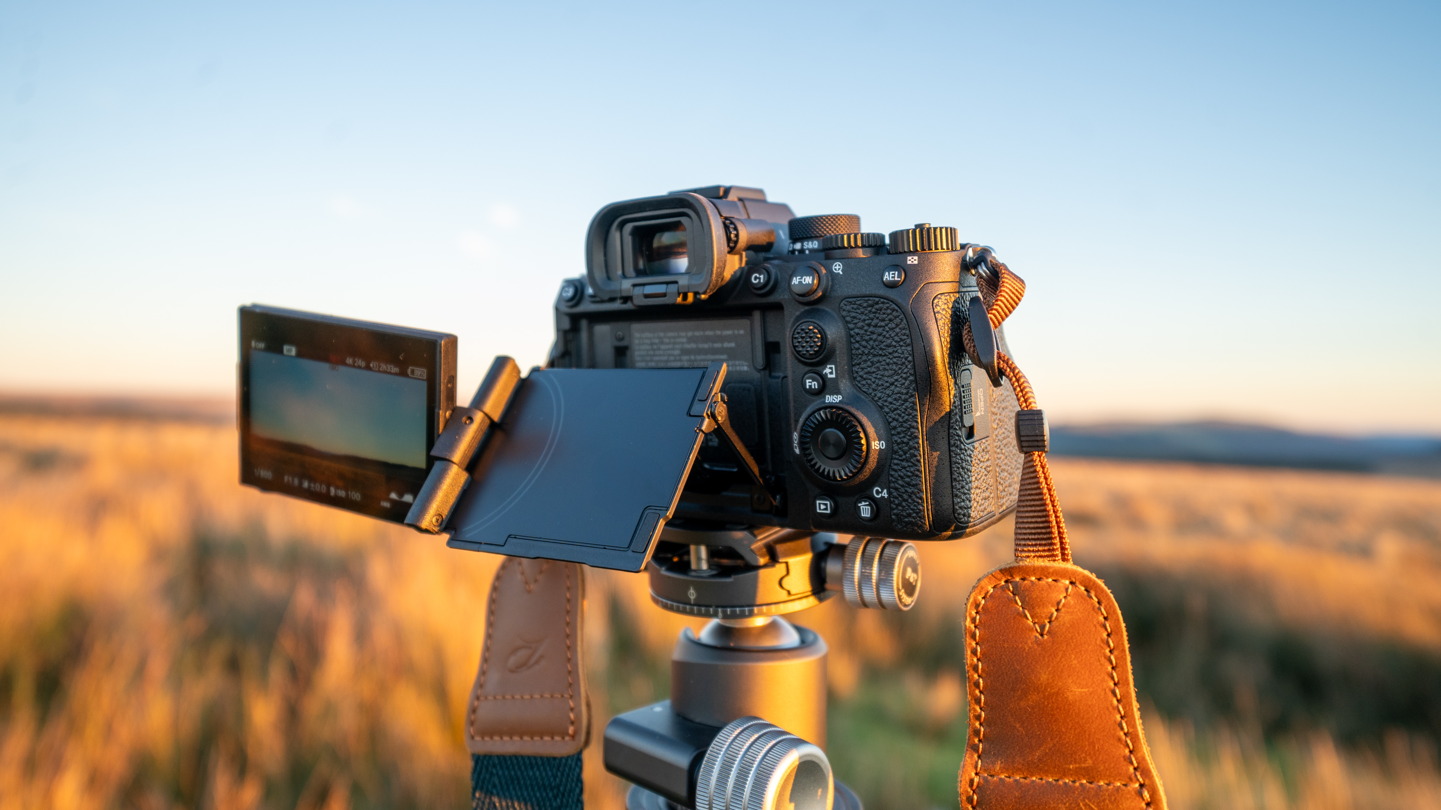 Sony A7R V on a tripod with the screen flipped out