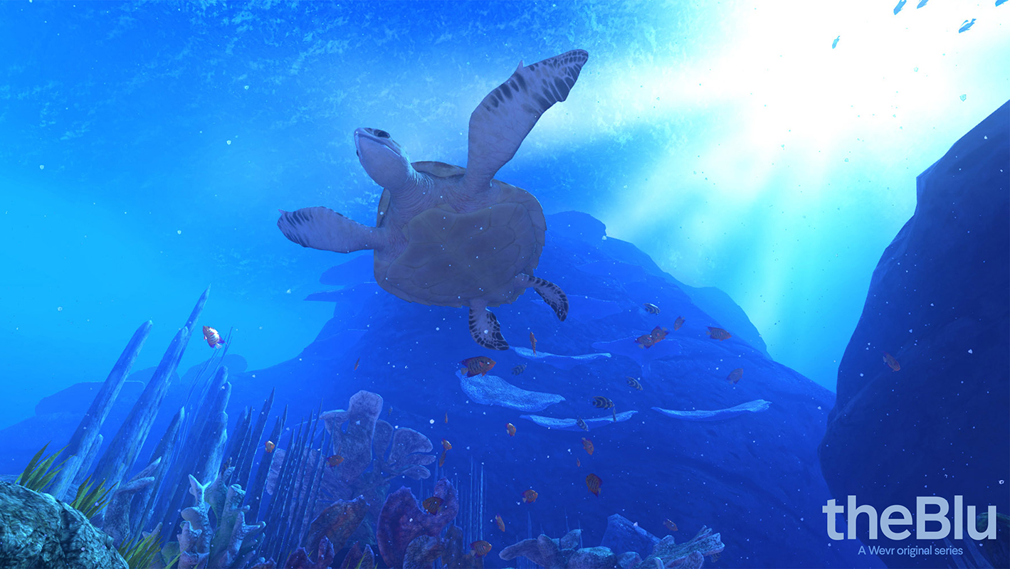 A sea turtle seems close enough to touch, in the VR underwater experience &ldquo;TheBlu&rdquo; at the Natural History Museum of Los Angeles.