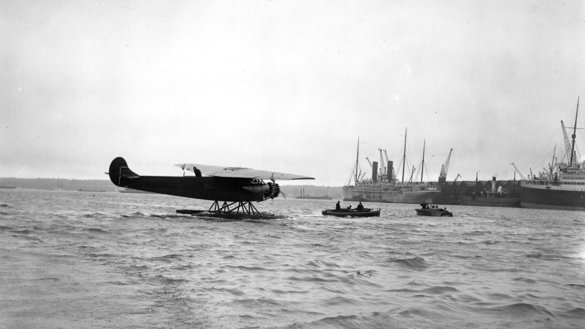 Amelia Earhart is pictured in the Solent at Southampton after completing an ocean flight from Newfoundland in her seaplane, &ldquo;The Friendship."
