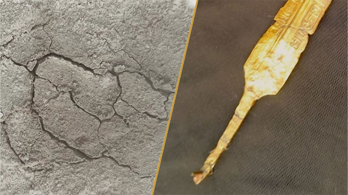 A composite of cracks created in the lab to resemble �spiders on Mars� and a golden sword bearing an inscription of �Ramesses II�