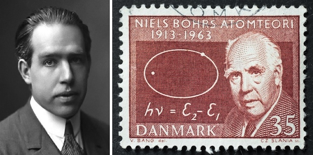 Left: Niels Bohr in 1922. Right: A 1963 Danish stamp honored Bohr on the 50th anniversary of his atomic theory.
