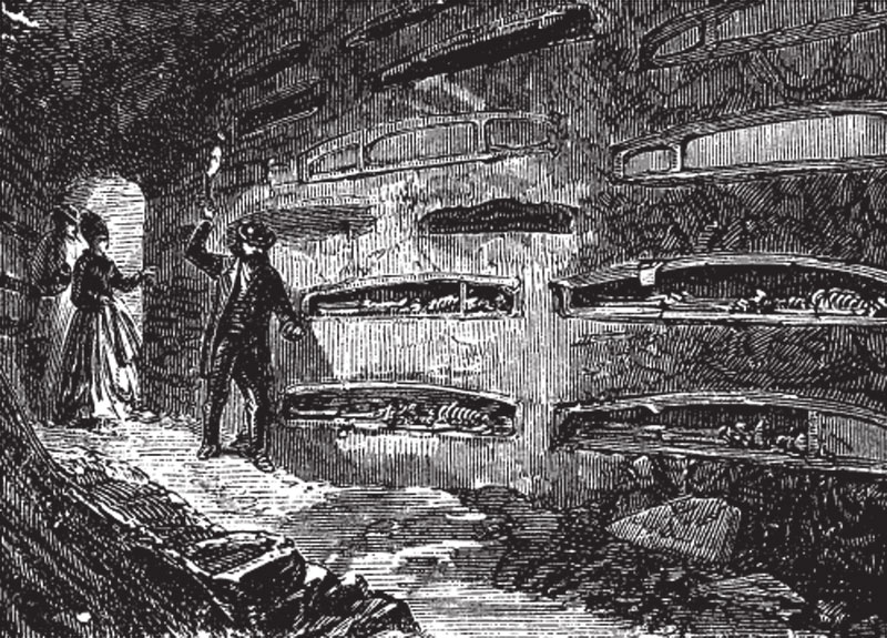 engraved illustration of roman catacombs