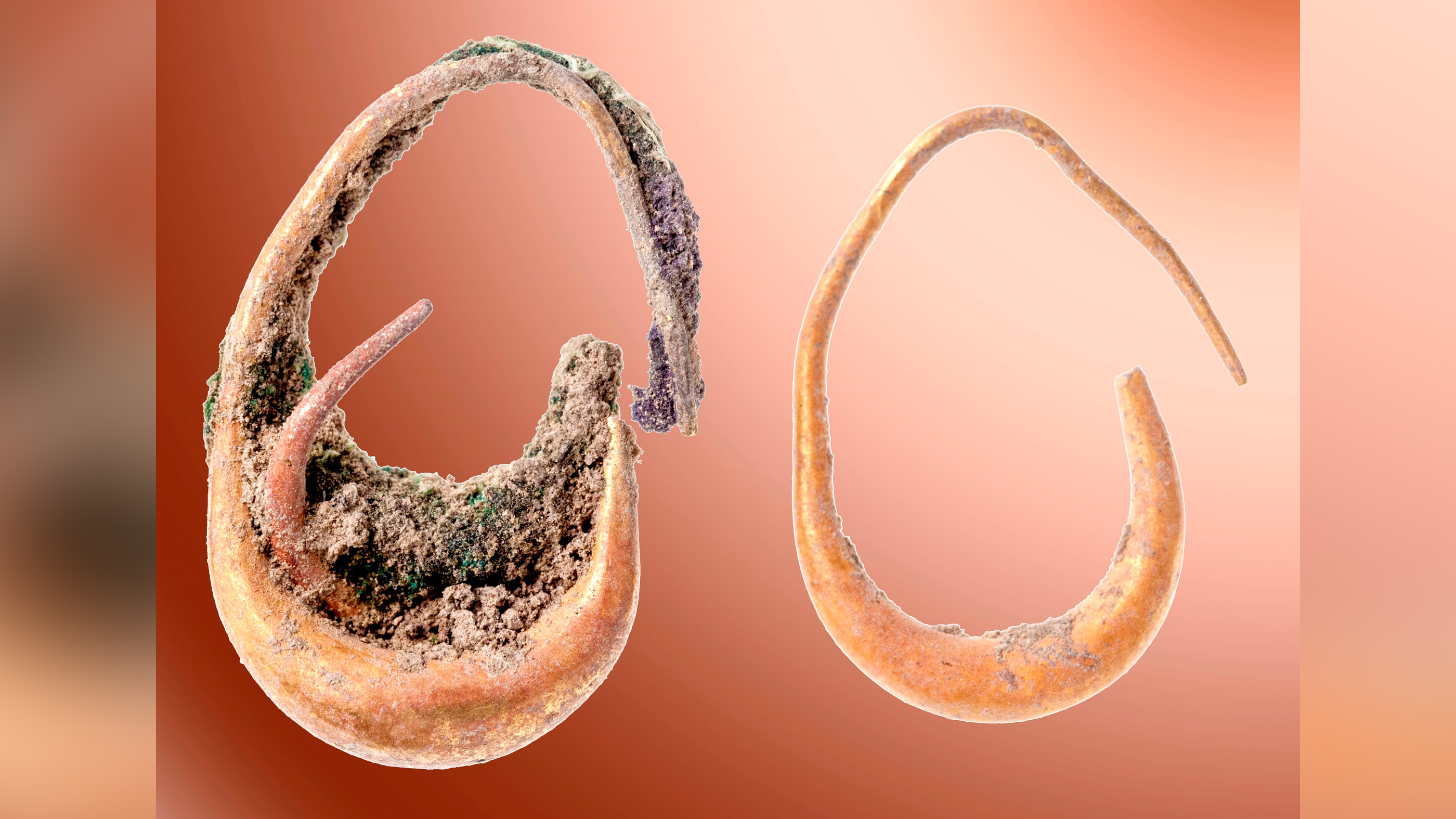 The finds include several pieces of precious jewelry, including these two gold earrings dating from before 1150 B.C.