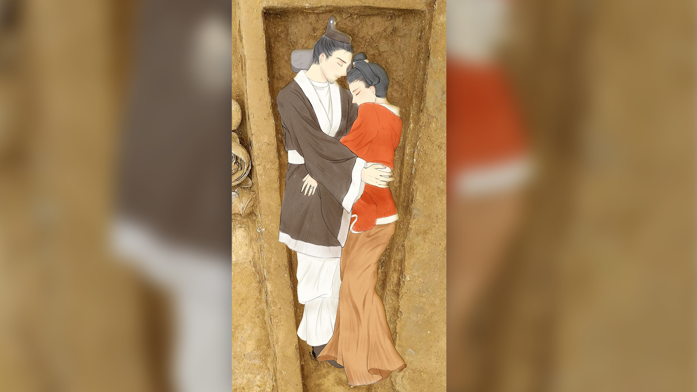 An illustration of the two lovers fitted onto a photo of the burial in Shanxi province, China.