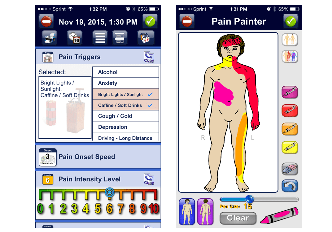 The home screen and &ldquo;painter&rdquo; screen of the Chronic Pain Tracker Lite app