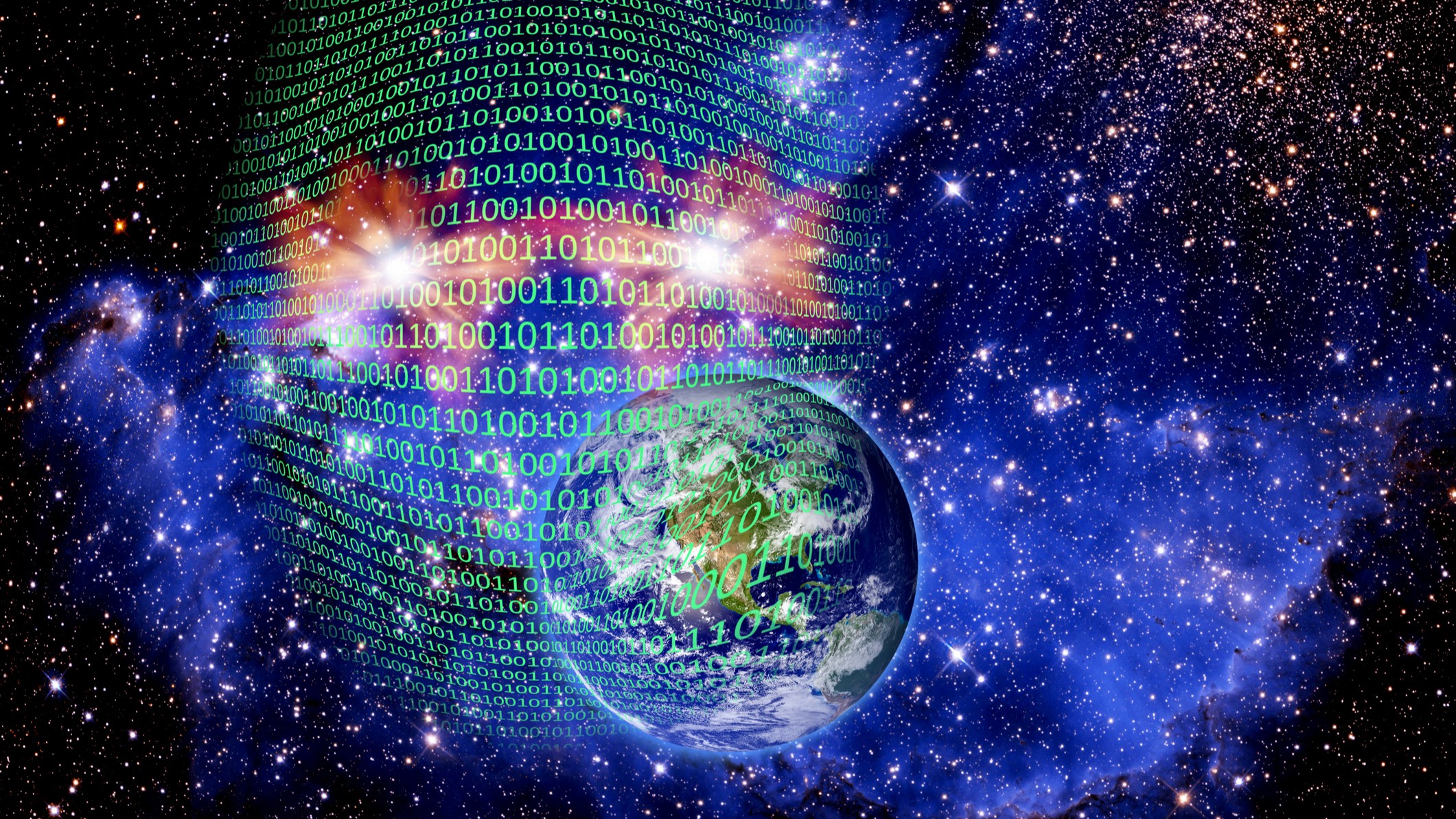 Conceptual illustration of AI. We see the Earth and space around it with binary data overlain.