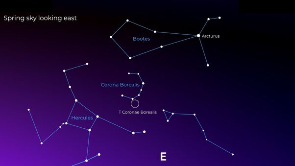 Un mapa estelar que muestra la constelación Corona Borealis junto con la ubicación de la nova recurrente T. Coronae Borealis en el contexto de constelaciones cercanas.