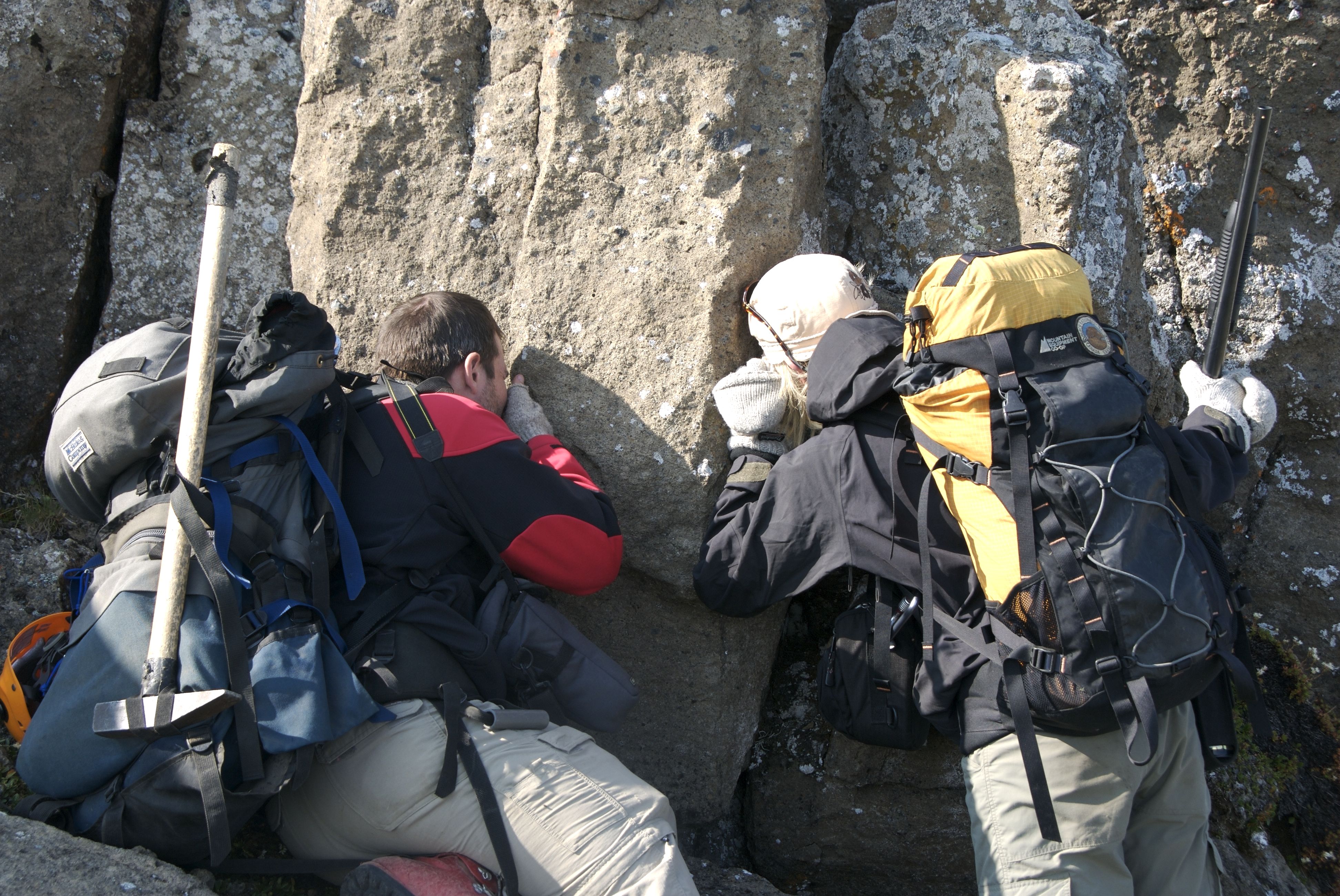 Geologists from the University of British Columbia examine pyroclastic deposits on the south side of the Kima&rsquo;Kho volcano.