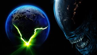 Alien: imagen principal de la Tierra que muestra el arte clave, con una cabeza de Xenomorph que ingresa a la pantalla desde la derecha.