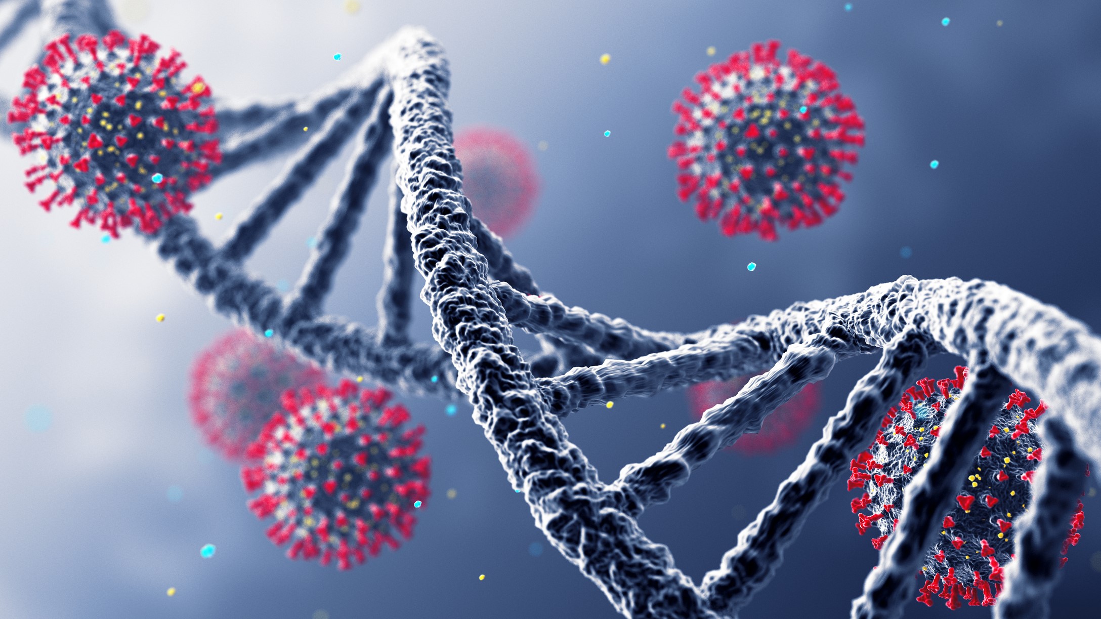 An illustration of coronavirus particles and genetic material.