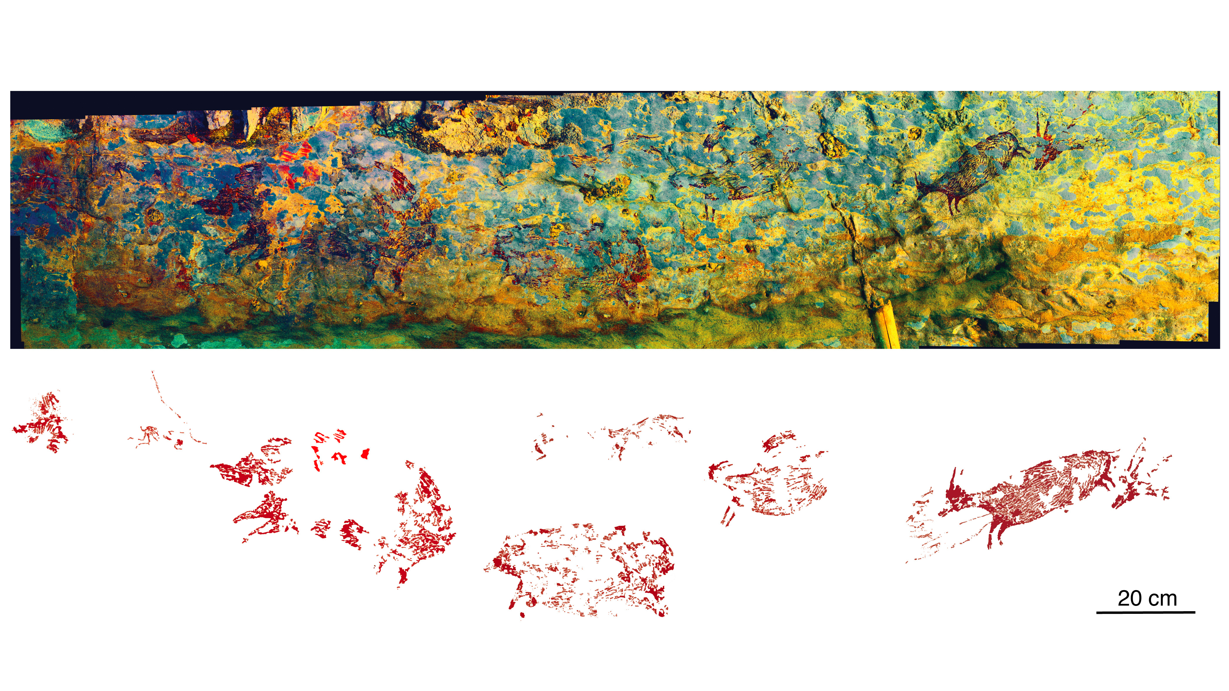 The prehistoric hunting scene shows possible therianthropes hunting wild pigs and dwarf buffaloes in Indonesia.