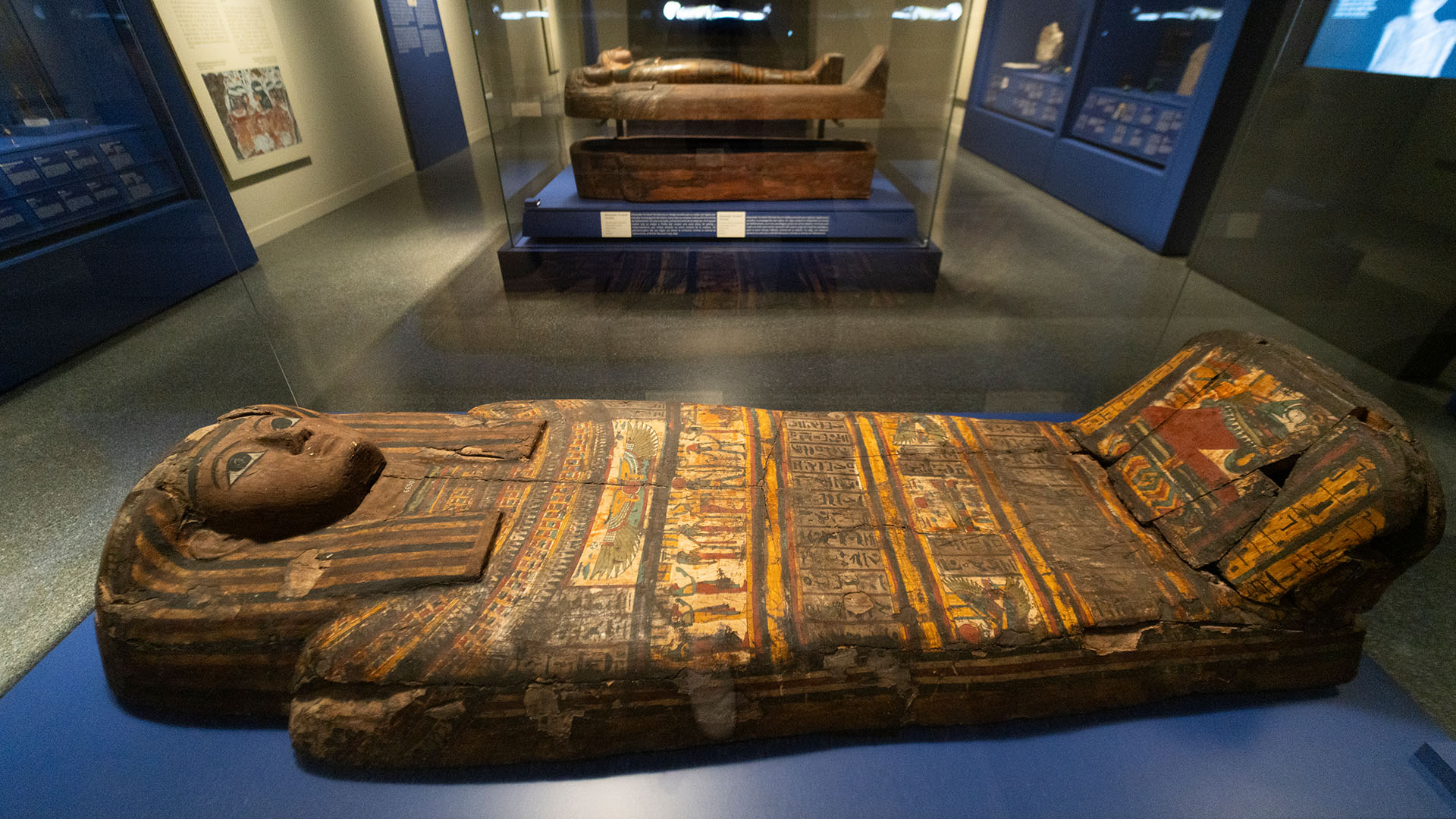 Sarcophagi on display during the exhibition &lsquo;Mummies of Egypt: Rediscovering Six Lives&rsquo;.